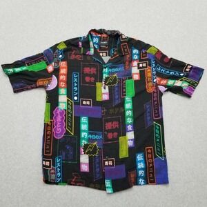 Pull & Bear Shirt‎ Mens Small Black Button Up Short Sleeve Neon Lights Signs